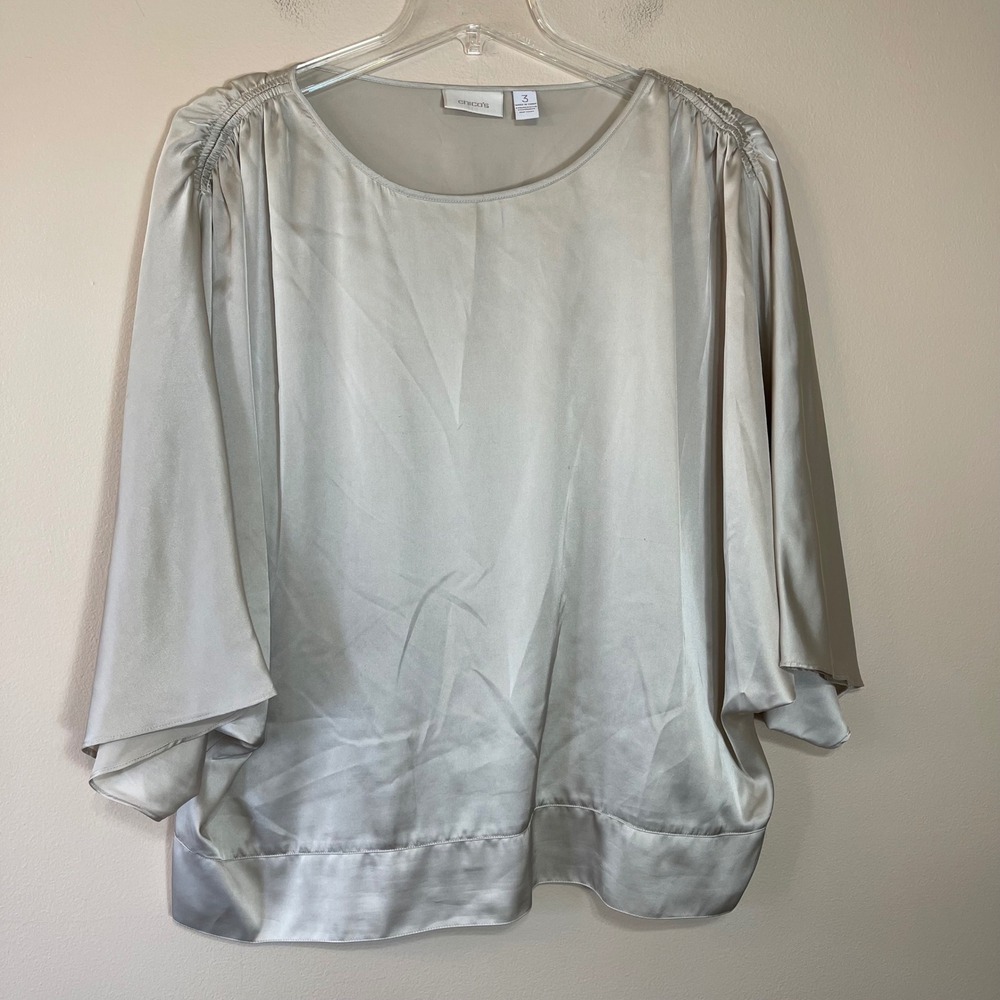 Chicos Champagne Satin Dolman Sleeve Smocked Back Blouse Size 3 XL Beige Top